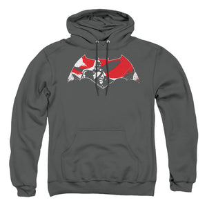AN OFFCIALLY LICENSED BATMAN V SUPERMAN ARMOR SPLATTER LOGO ADULT UNISEX PULLOVER HOODIE CHARCOAL