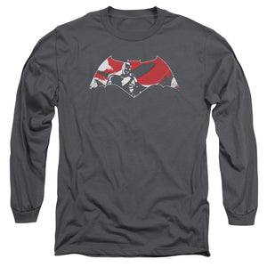 AN OFFCIALLY LICENSED BATMAN V SUPERMAN ARMOR SPLATTER LOGO MEN'S LONG SLEEVE T-SHIRT CHARCOAL