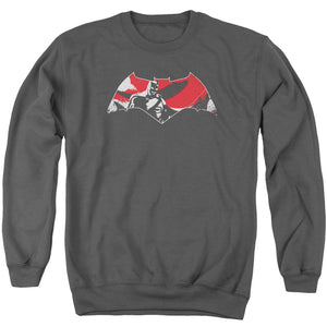 AN OFFCIALLY LICENSED BATMAN V SUPERMAN ARMOR SPLATTER LOGO ADULT UNISEX CREWNECK SWEATSHIRT CHARCOAL