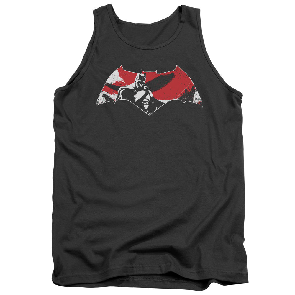 AN OFFCIALLY LICENSED BATMAN V SUPERMAN ARMOR SPLATTER LOGO ADULT UNISEX TANK TOP CHARCOAL