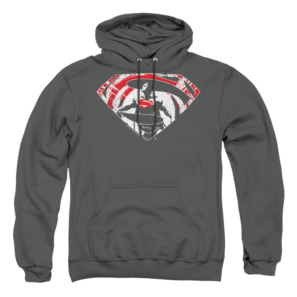 AN OFFCIALLY LICENSED BATMAN V SUPERMAN SUPER SPLATTER LOGO ADULT UNISEX PULLOVER HOODIE CHARCOAL