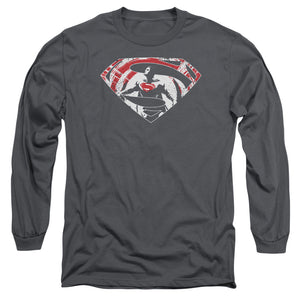 AN OFFCIALLY LICENSED BATMAN V SUPERMAN SUPER SPLATTER LOGO MEN'S LONG SLEEVE T-SHIRT CHARCOAL