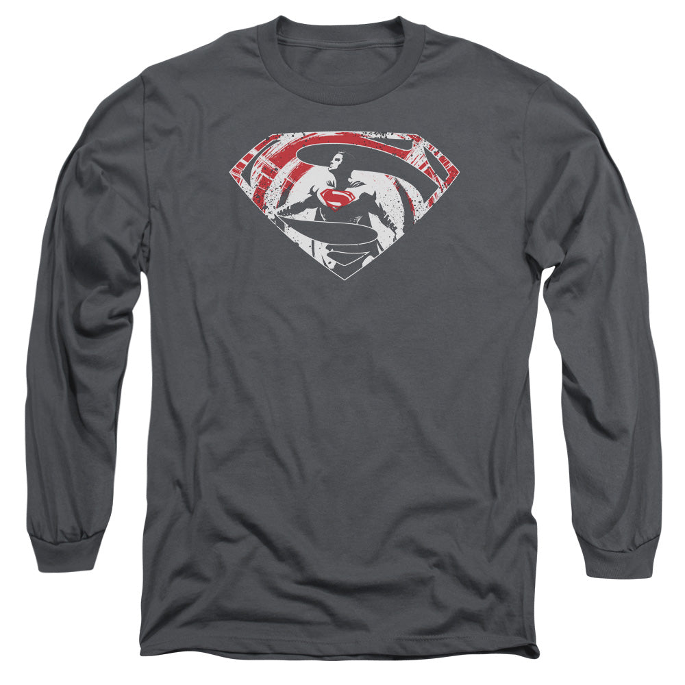 AN OFFCIALLY LICENSED BATMAN V SUPERMAN SUPER SPLATTER LOGO MEN'S LONG SLEEVE T-SHIRT CHARCOAL