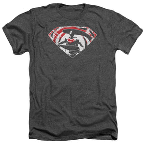 AN OFFCIALLY LICENSED BATMAN V SUPERMAN SUPER SPLATTER LOGO MEN'S HEATHER T-SHIRT CHARCOAL