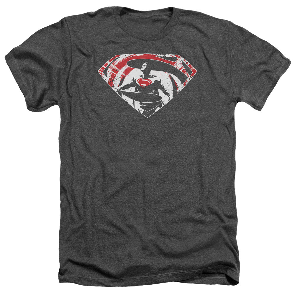 AN OFFCIALLY LICENSED BATMAN V SUPERMAN SUPER SPLATTER LOGO MEN'S HEATHER T-SHIRT CHARCOAL
