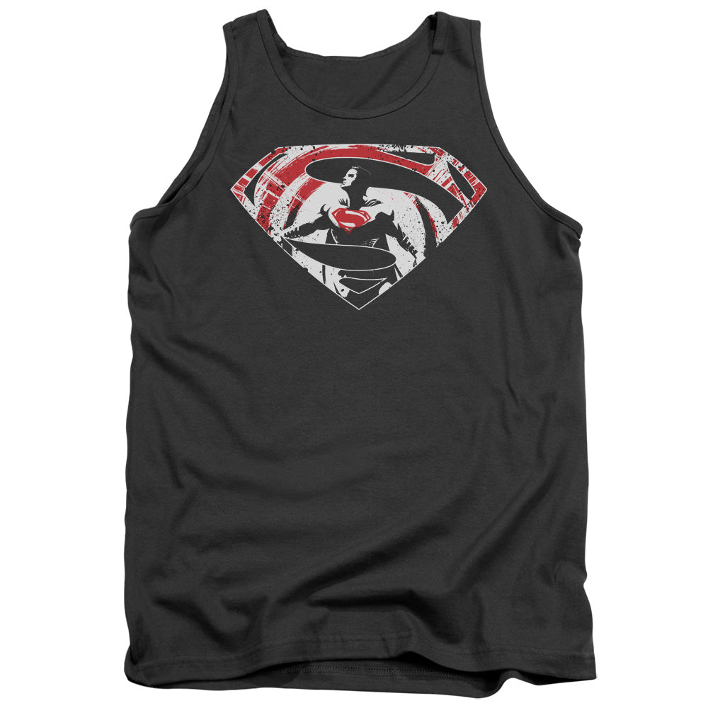 AN OFFCIALLY LICENSED BATMAN V SUPERMAN SUPER SPLATTER LOGO ADULT UNISEX TANK TOP CHARCOAL