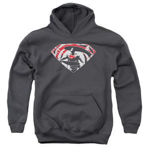 AN OFFCIALLY LICENSED BATMAN V SUPERMAN SUPER SPLATTER LOGO YOUTH HOODIE CHARCOAL