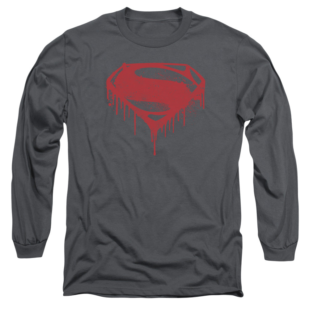 AN OFFCIALLY LICENSED BATMAN V SUPERMAN SPLATTERED MEN'S LONG SLEEVE T-SHIRT CHARCOAL