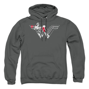 AN OFFCIALLY LICENSED BATMAN V SUPERMAN WONDER SPLATTER LOGO ADULT UNISEX PULLOVER HOODIE CHARCOAL