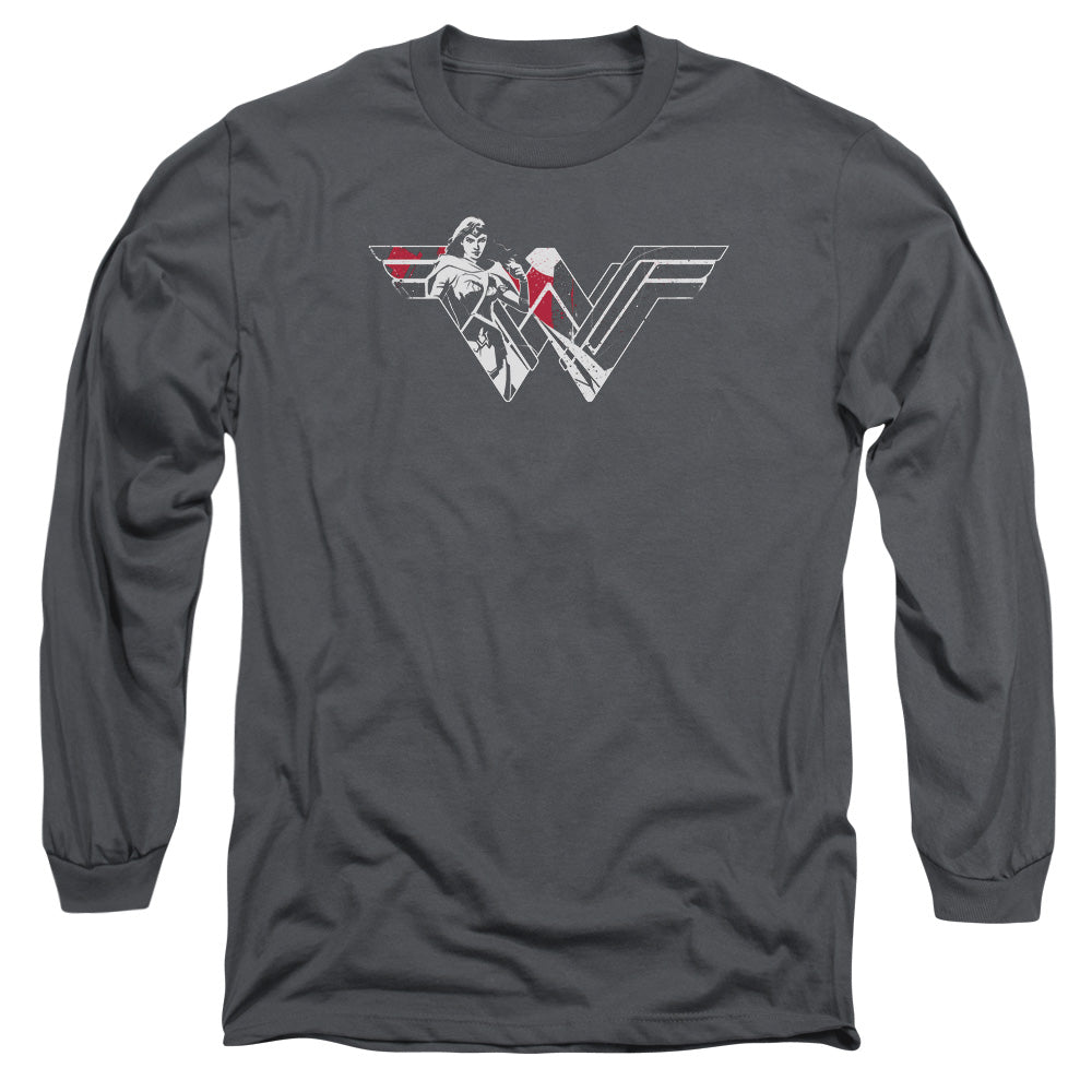 AN OFFCIALLY LICENSED BATMAN V SUPERMAN WONDER SPLATTER LOGO MEN'S LONG SLEEVE T-SHIRT CHARCOAL