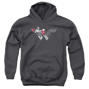 AN OFFCIALLY LICENSED BATMAN V SUPERMAN WONDER SPLATTER LOGO YOUTH HOODIE CHARCOAL