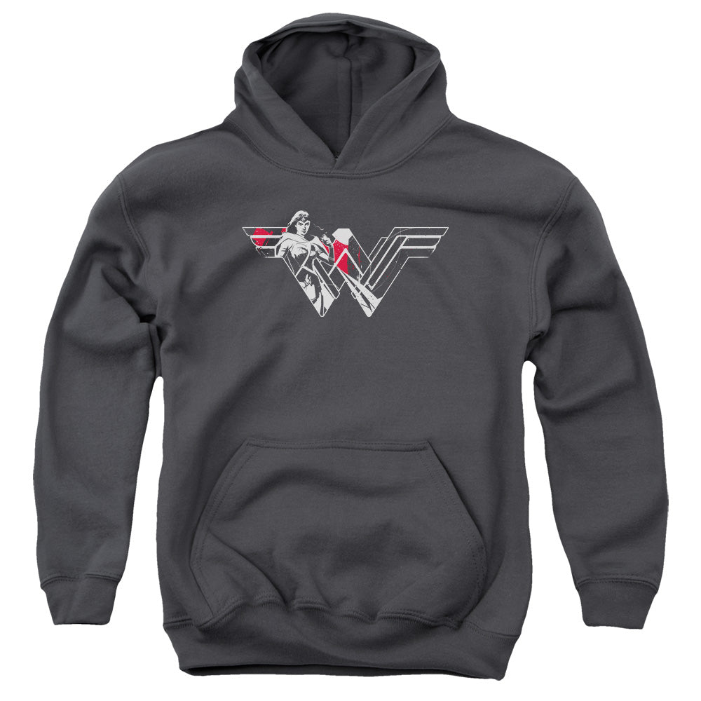 AN OFFCIALLY LICENSED BATMAN V SUPERMAN WONDER SPLATTER LOGO YOUTH HOODIE CHARCOAL