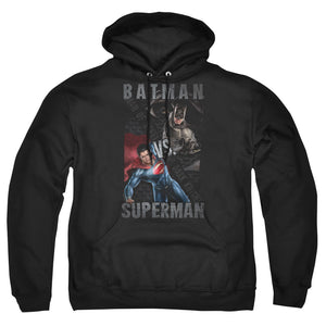 AN OFFCIALLY LICENSED BATMAN VS SUPERMAN HERO SPLIT ADULT UNISEX PULLOVER HOODIE BLACK