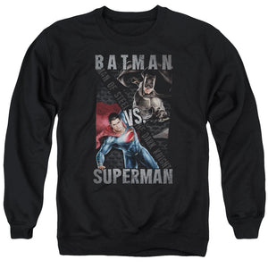 AN OFFCIALLY LICENSED BATMAN VS SUPERMAN HERO SPLIT ADULT UNISEX CREWNECK SWEATSHIRT BLACK