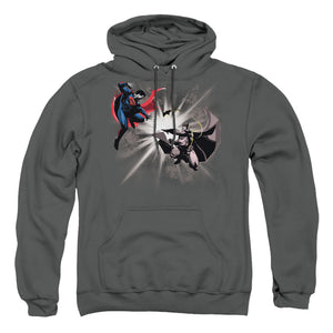 AN OFFCIALLY LICENSED BATMAN V SUPERMAN FIGHT BURST ADULT UNISEX PULLOVER HOODIE CHARCOAL