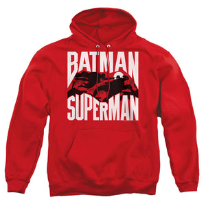 AN OFFCIALLY LICENSED BATMAN VS SUPERMAN SILHOUETTE FIGHT ADULT UNISEX PULLOVER HOODIE RED