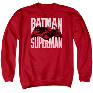 AN OFFCIALLY LICENSED BATMAN VS SUPERMAN SILHOUETTE FIGHT ADULT UNISEX CREWNECK SWEATSHIRT RED