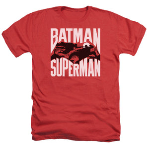 AN OFFCIALLY LICENSED BATMAN VS SUPERMAN SILHOUETTE FIGHT MEN'S HEATHER T-SHIRT RED