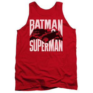 AN OFFCIALLY LICENSED BATMAN VS SUPERMAN SILHOUETTE FIGHT ADULT UNISEX TANK TOP RED