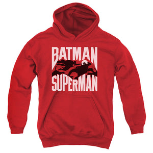 AN OFFCIALLY LICENSED BATMAN VS SUPERMAN SILHOUETTE FIGHT YOUTH HOODIE RED