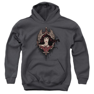AN OFFCIALLY LICENSED BATMAN V SUPERMAN WINGED GODDESS YOUTH HOODIE CHARCOAL