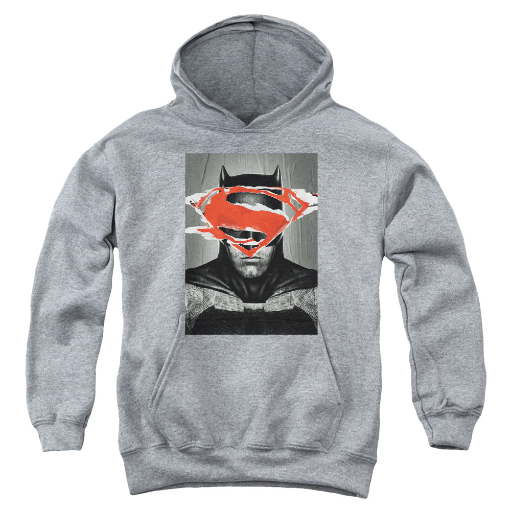 AN OFFCIALLY LICENSED BATMAN VS SUPERMAN BATMAN POSTER YOUTH HOODIE ATHLETIC HEATHER
