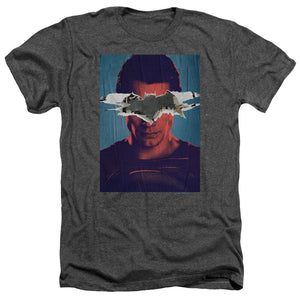 AN OFFCIALLY LICENSED BATMAN VS SUPERMAN SUPERMAN POSTER MEN'S HEATHER T-SHIRT CHARCOAL