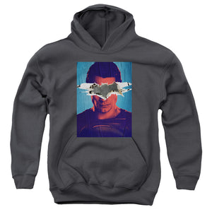 AN OFFCIALLY LICENSED BATMAN VS SUPERMAN SUPERMAN POSTER YOUTH HOODIE CHARCOAL