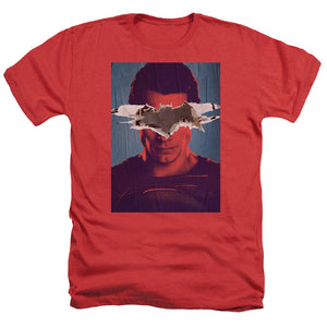 AN OFFCIALLY LICENSED BATMAN VS SUPERMAN SUPERMAN POSTER MEN'S HEATHER T-SHIRT RED