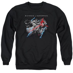 AN OFFCIALLY LICENSED BATMAN V SUPERMAN LIGHTNING FIGHT ADULT UNISEX CREWNECK SWEATSHIRT BLACK