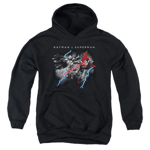 AN OFFCIALLY LICENSED BATMAN V SUPERMAN LIGHTNING FIGHT YOUTH HOODIE BLACK
