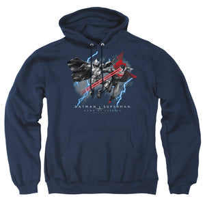 AN OFFCIALLY LICENSED BATMAN V SUPERMAN LIGHTNIING V HEAT VISION ADULT UNISEX PULLOVER HOODIE NAVY
