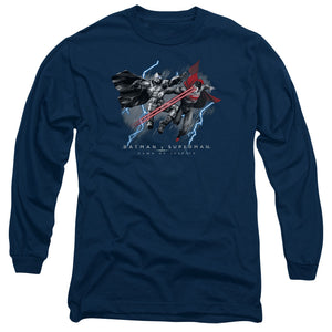 AN OFFCIALLY LICENSED BATMAN V SUPERMAN LIGHTNIING V HEAT VISION MEN'S LONG SLEEVE T-SHIRT NAVY