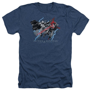 AN OFFCIALLY LICENSED BATMAN V SUPERMAN LIGHTNIING V HEAT VISION MEN'S HEATHER T-SHIRT NAVY