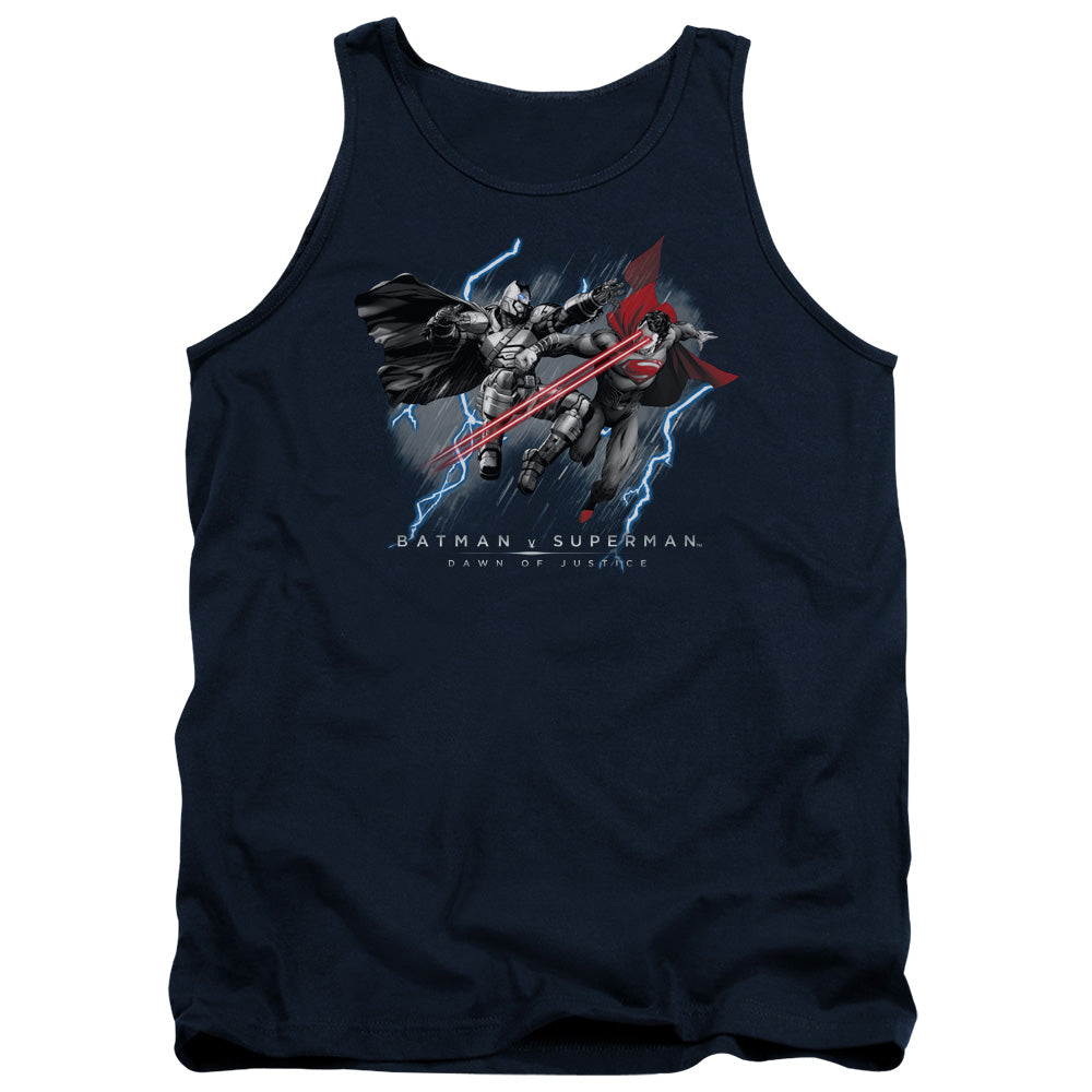 AN OFFCIALLY LICENSED BATMAN V SUPERMAN LIGHTNIING V HEAT VISION ADULT UNISEX TANK TOP NAVY