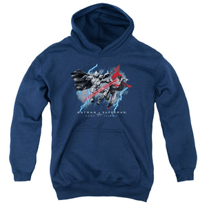 AN OFFCIALLY LICENSED BATMAN V SUPERMAN LIGHTNIING V HEAT VISION YOUTH HOODIE NAVY