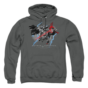AN OFFCIALLY LICENSED BATMAN V SUPERMAN LIGHTNIING V HEAT VISION ADULT UNISEX PULLOVER HOODIE CHARCOAL