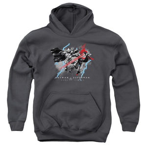 AN OFFCIALLY LICENSED BATMAN V SUPERMAN LIGHTNIING V HEAT VISION YOUTH HOODIE CHARCOAL