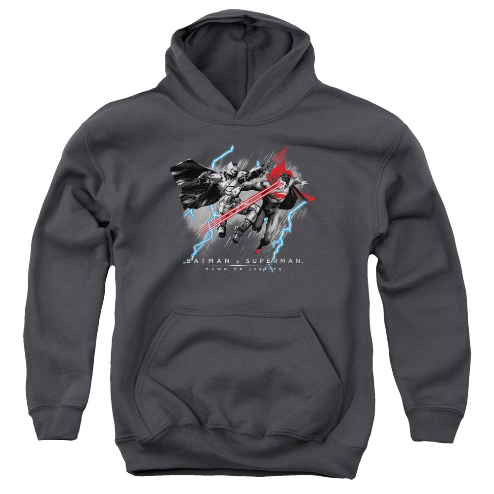AN OFFCIALLY LICENSED BATMAN V SUPERMAN LIGHTNIING V HEAT VISION YOUTH HOODIE CHARCOAL
