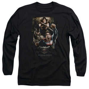 AN OFFCIALLY LICENSED BATMAN V SUPERMAN THREE IN ACTION MEN'S LONG SLEEVE T-SHIRT BLACK