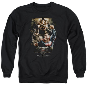 AN OFFCIALLY LICENSED BATMAN V SUPERMAN THREE IN ACTION ADULT UNISEX CREWNECK SWEATSHIRT BLACK