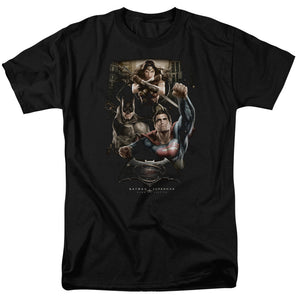 AN OFFCIALLY LICENSED BATMAN V SUPERMAN THREE IN ACTION MEN'S REGULAR FIT T-SHIRT BLACK