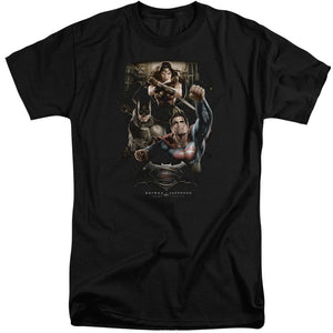 AN OFFCIALLY LICENSED BATMAN V SUPERMAN THREE IN ACTION MEN'S TALL FIT T-SHIRT BLACK