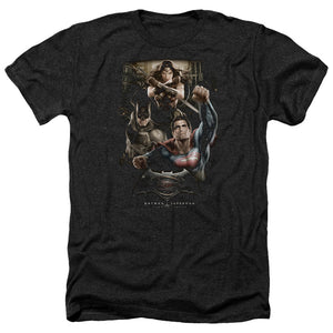 AN OFFCIALLY LICENSED BATMAN V SUPERMAN THREE IN ACTION MEN'S HEATHER T-SHIRT CHARCOAL
