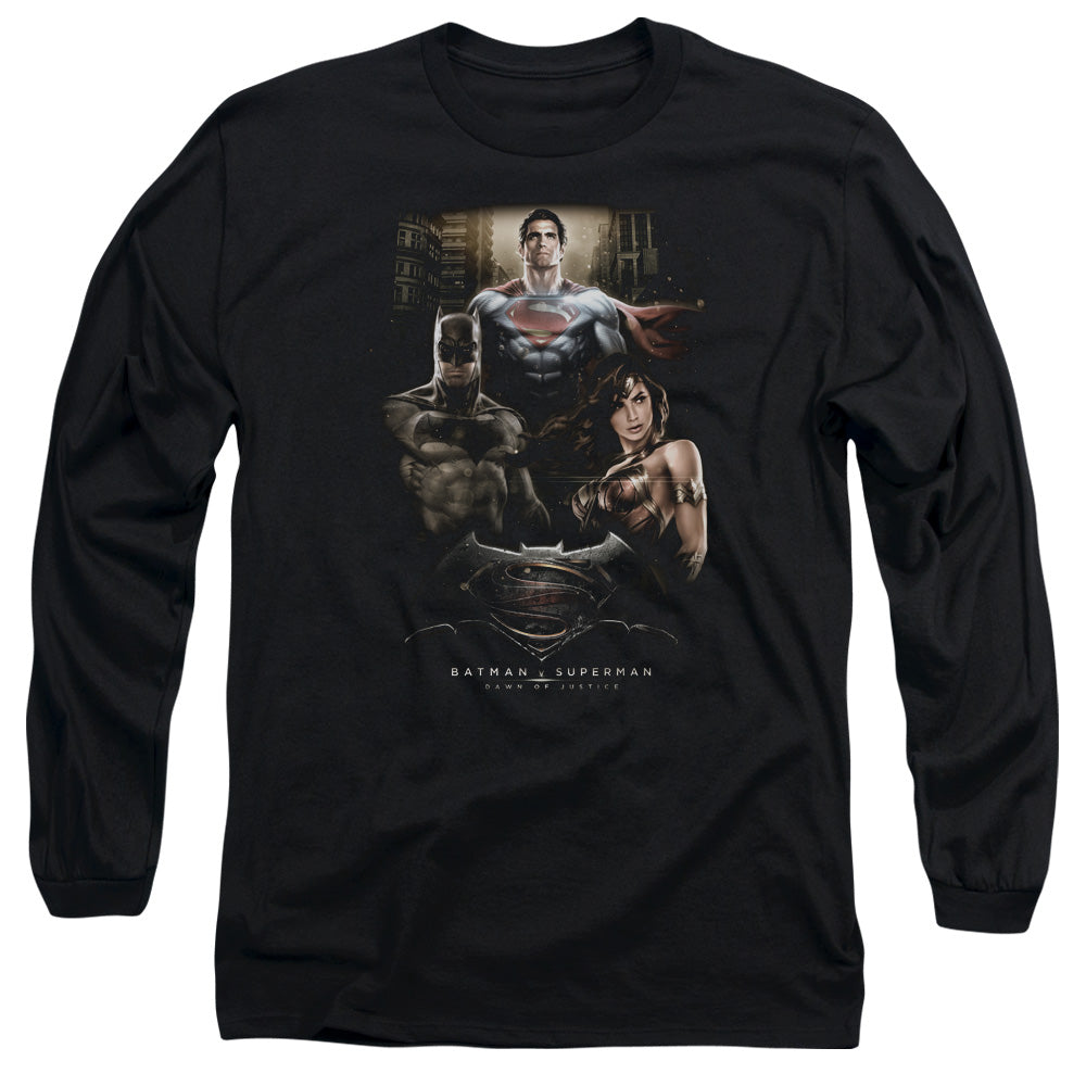 AN OFFCIALLY LICENSED BATMAN V SUPERMAN THRE THREE MEN'S LONG SLEEVE T-SHIRT BLACK