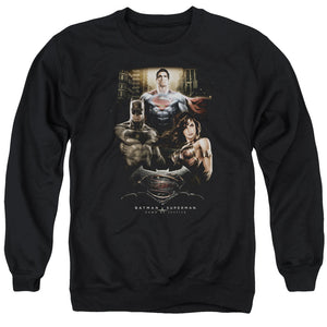 AN OFFCIALLY LICENSED BATMAN V SUPERMAN THRE THREE ADULT UNISEX CREWNECK SWEATSHIRT BLACK