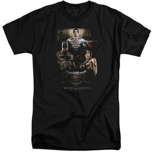 AN OFFCIALLY LICENSED BATMAN V SUPERMAN THRE THREE MEN'S TALL FIT T-SHIRT BLACK