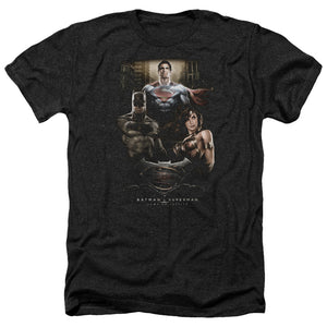 AN OFFCIALLY LICENSED BATMAN V SUPERMAN THRE THREE MEN'S HEATHER T-SHIRT CHARCOAL