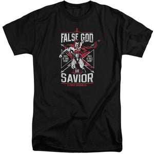 AN OFFCIALLY LICENSED BATMAN V SUPERMAN FALSE GOD OR SAVIOR MEN'S TALL FIT T-SHIRT BLACK