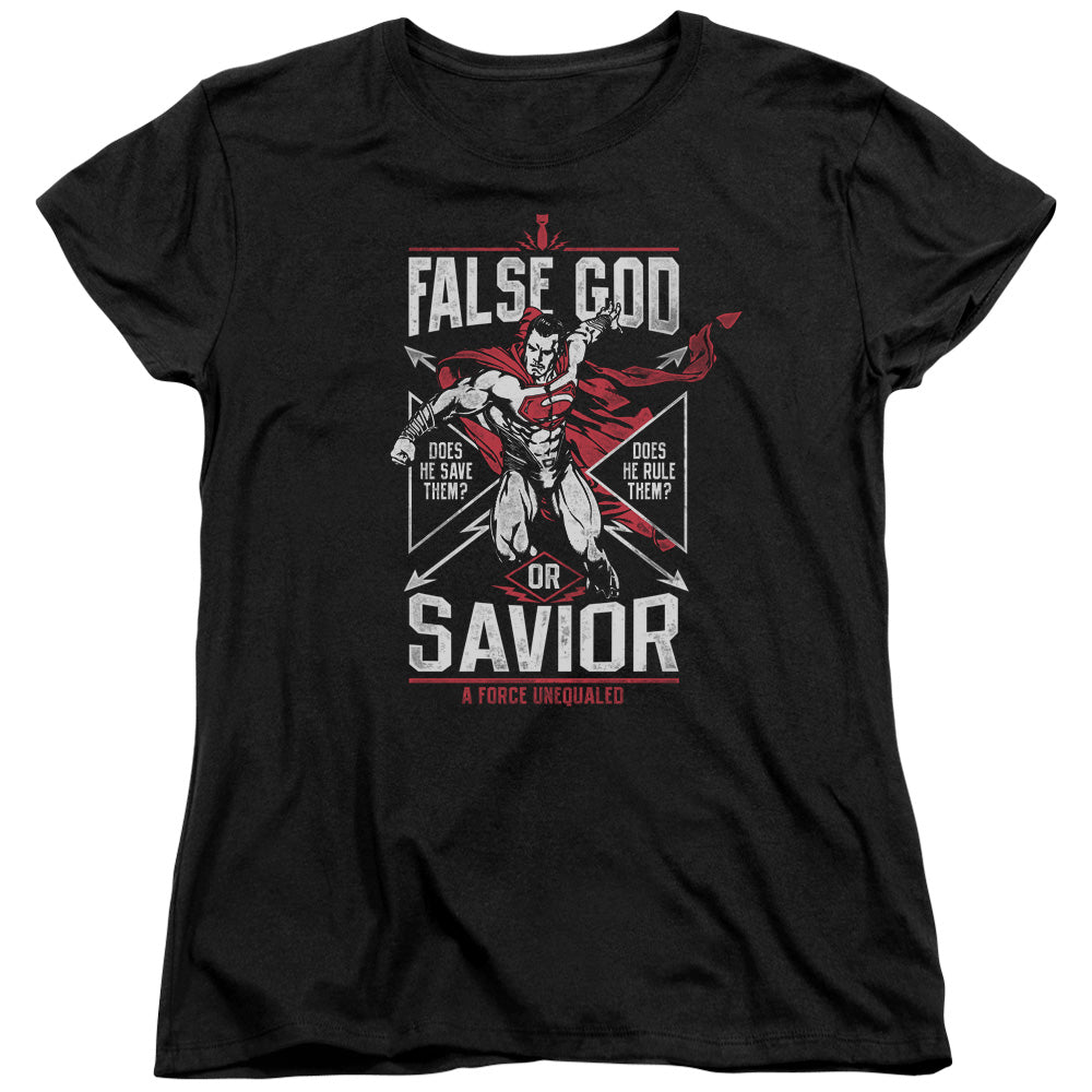 AN OFFCIALLY LICENSED BATMAN V SUPERMAN FALSE GOD OR SAVIOR WOMEN'S REGULAR FIT T-SHIRT BLACK